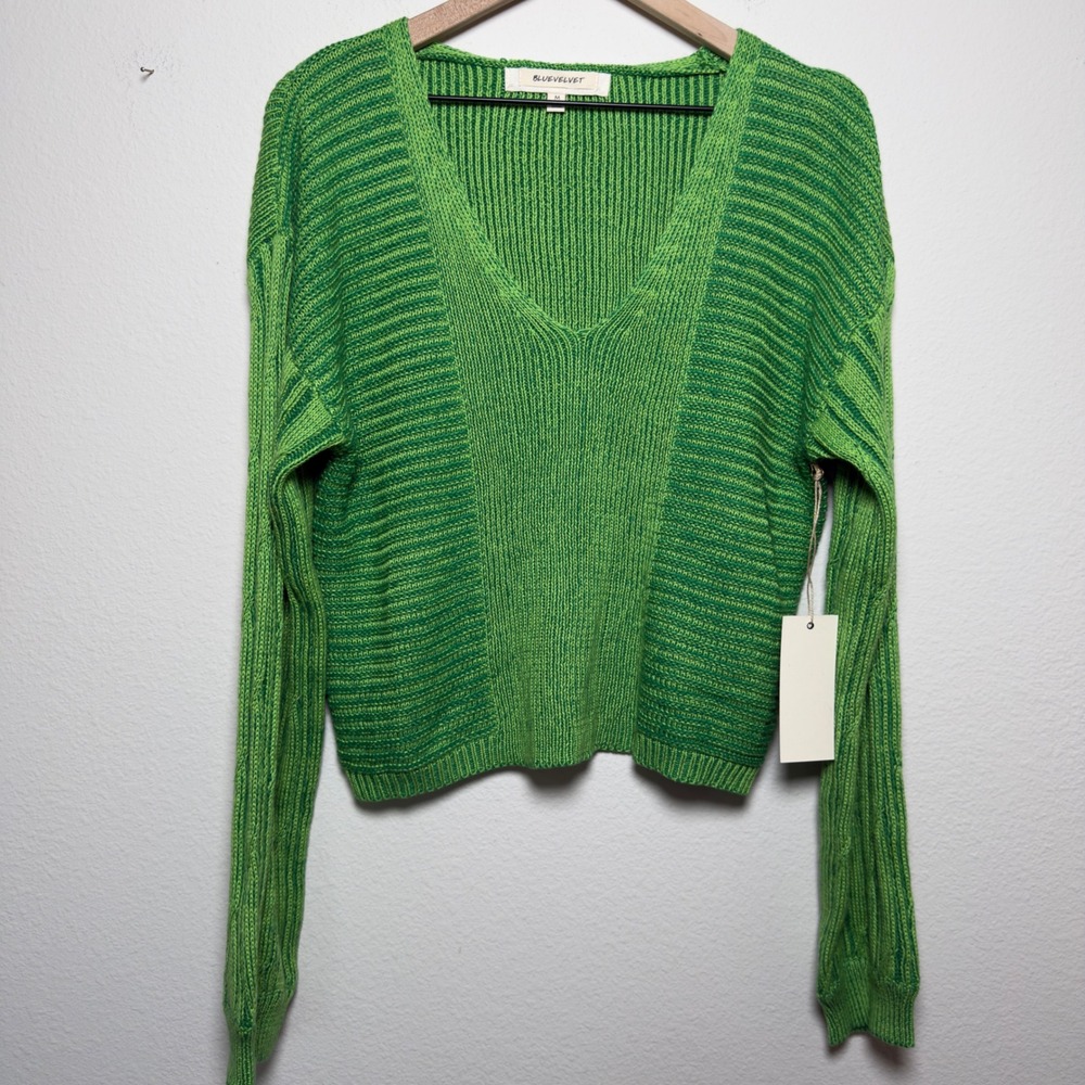 NEW Bluevelvet Women Sweater Medium Green V-Neck Rib Patchwork Kidcore Eclectic